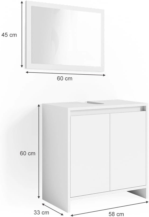 Set mobili bagno Emma, Bianco, 58 cm, composto da specchio da bagno e mobile sottolavabo