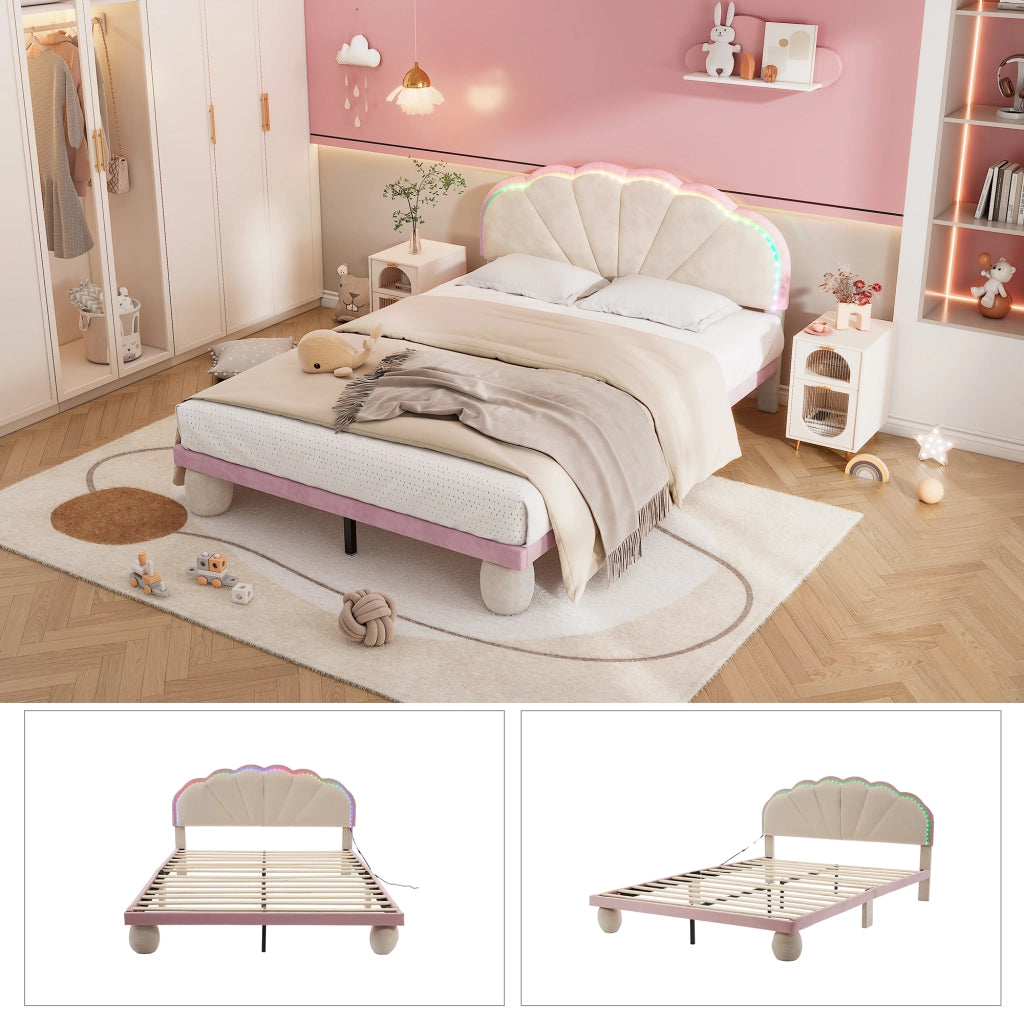 OKWISH Letto Imbottito 140×200 cm, Letto Matrimoniale con Striscia Luminosa Multicolore e Testiera Ondulata, senza Materasso, in Velluto, Beige