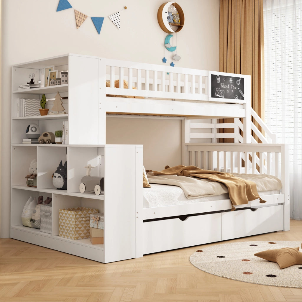 Letto a castello per bambini in pino bianco con scala e vani contenitore