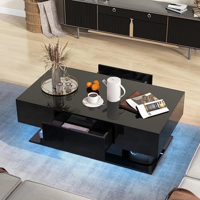 Tavolino da Caffè Moderno, Tavolino a 2 Piani con 20 Luci LED a Colori, 2 Cassetti Portaoggetti e Finitura Lucida, Tavolino Rettangolare per Salotto, Studio e Camera da Letto (Nero)