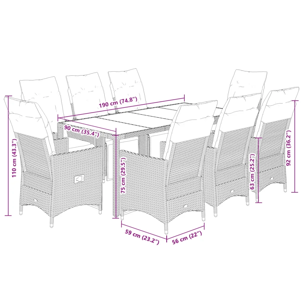 Set da Bistrò da Giardino 9 pz con Cuscini Beige in Polyrattan 3276942