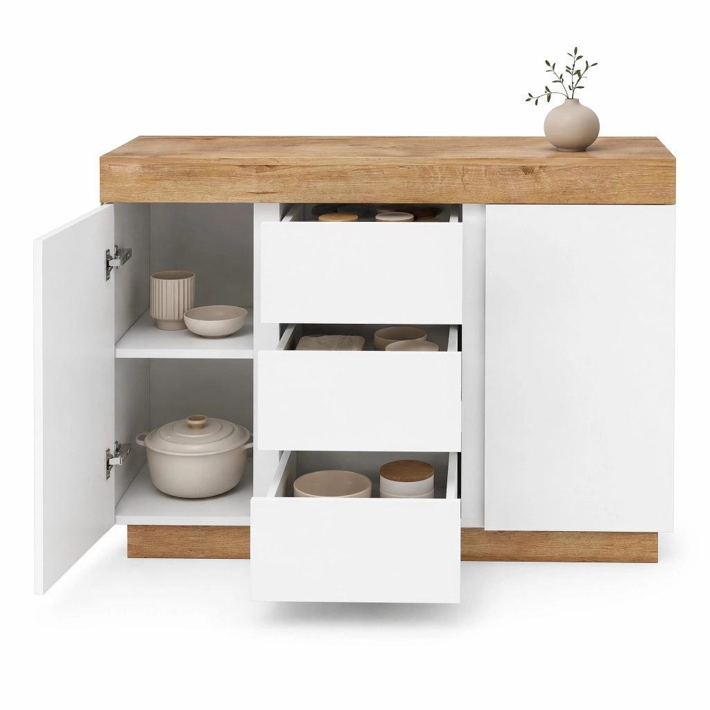 Cassettiera classica con 3 cassetti e 2 ante; in truciolare E1; bianco e rovere
