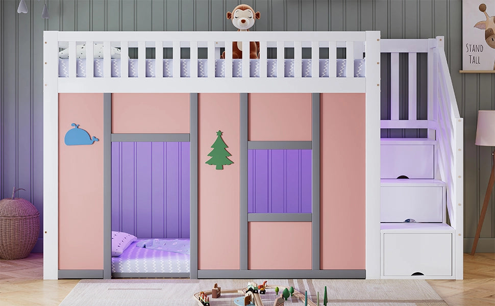 Letto a soppalco per bambini con scala contenitore e LED, 90x200 cm, bianco/rosa