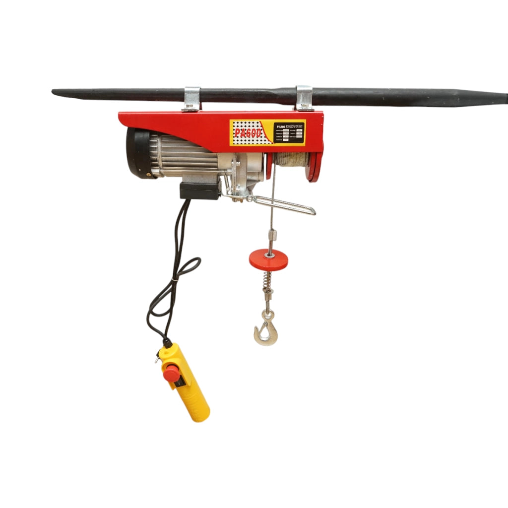 Paranco/gru elettrica 220V/50Hz 1150W, carico massimo 300/600Kg, velocità di sollevamento 5-10m/min, altezza di sollevamento 6-12m IP40