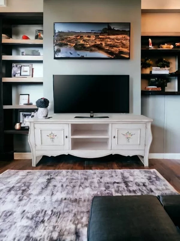Porta tv legno shabby bianco anticato decori 160x50x61 (3084) - Mobili 2G