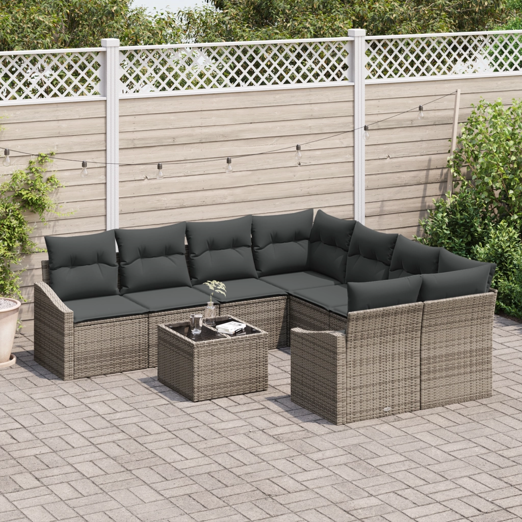 Set Divani Giardino con Cuscini Grigi 9 Pezzi in Polyrattan
