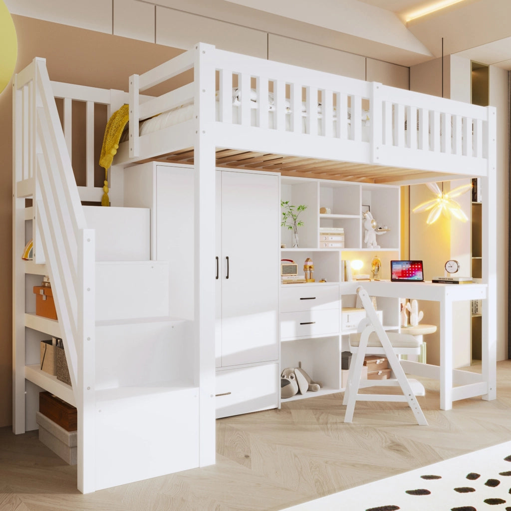 Letto a soppalco con scala contenitore, armadio e scrivania, 90x200 cm, bianco