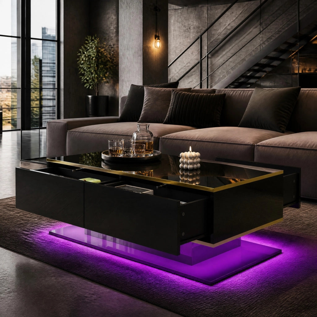 TAVOLINO DA CAFFÈ 100x50x40 cm Nero/Oro in truciolare con LED