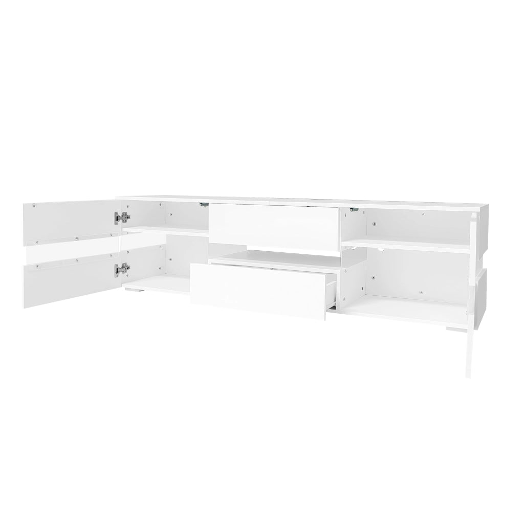 Mobile TV moderno bianco lucido 160x39x45 cm con LED, 2 ante, 1 cassetto, vano aperto, per TV fino a 70 pollici