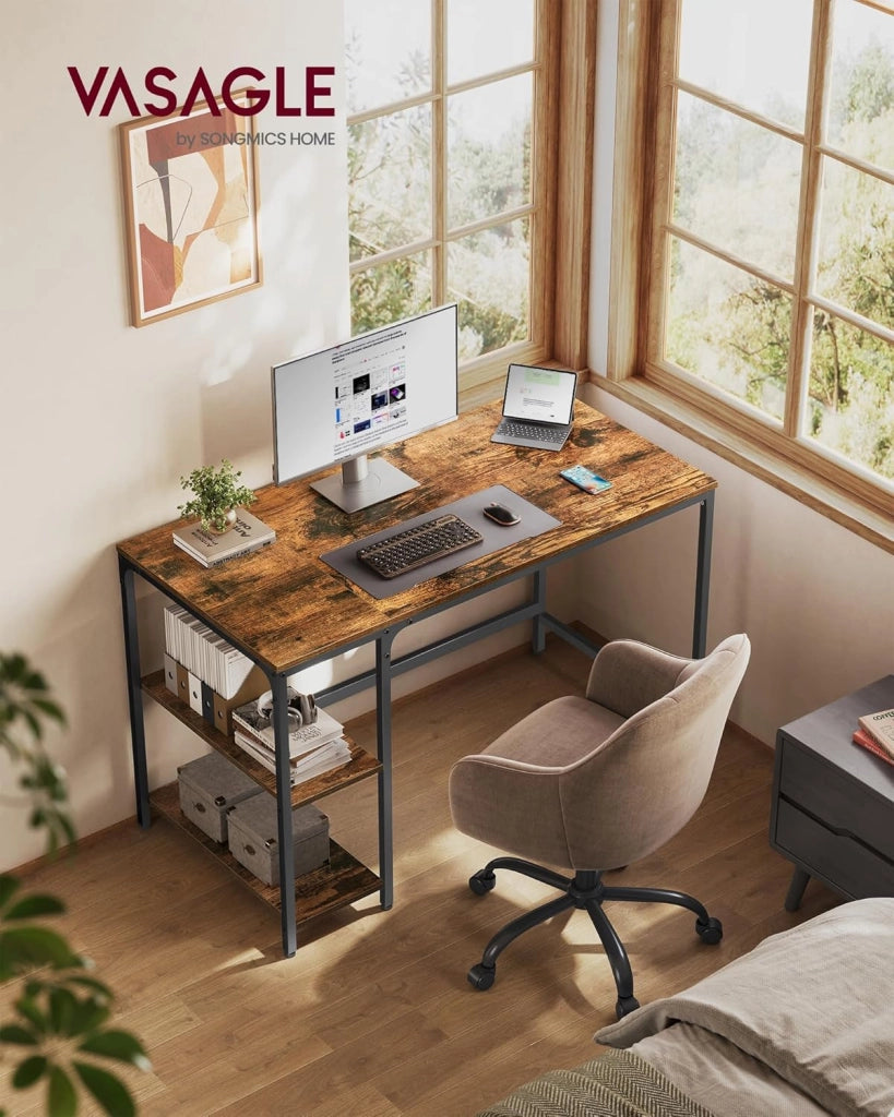 Scrivania per Computer, Scrittoio con 2 Ripiani a Sinistra o Destra, Tavolo da Lavoro, per Ufficio Soggiorno, Struttura in Acciaio, Industriale, Marrone Vintage e Nero LWD47X