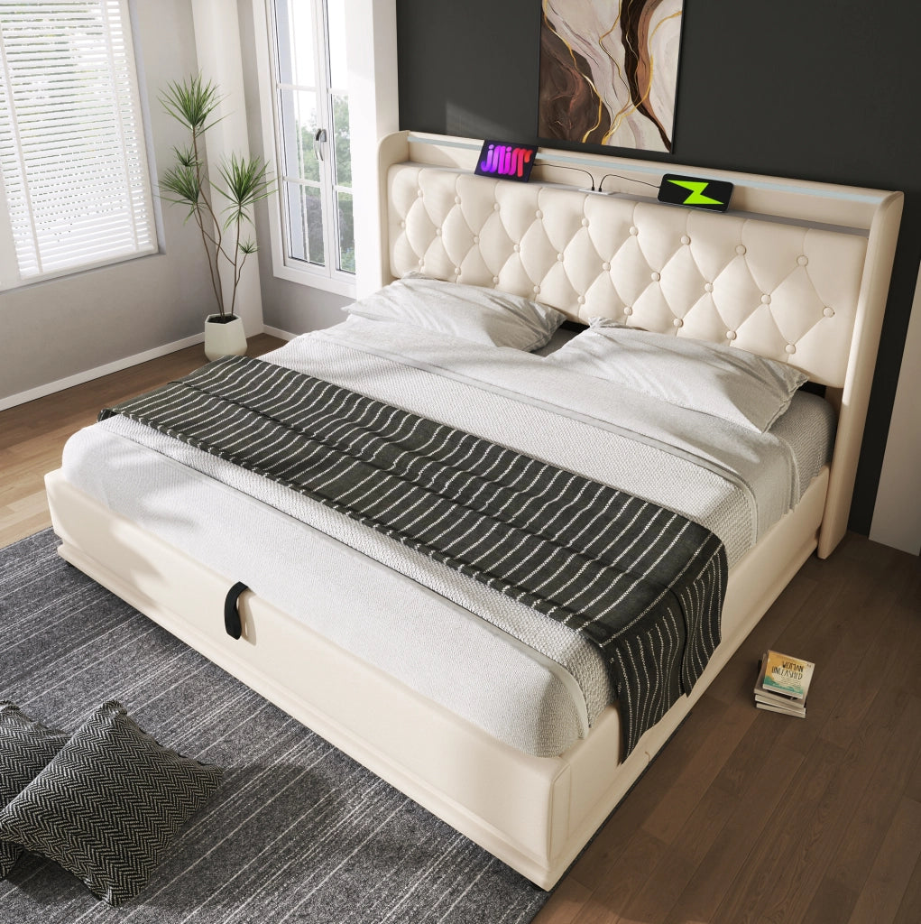 Letto matrimoniale 160x200 cm in PU bianco con LED; contenitore idraulico; USB e materasso