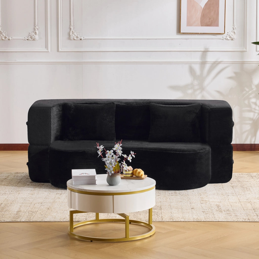 Divano letto pieghevole futon in schiuma con 2 cuscini e rivestimento in peluche corto nero 34 × 34 × 124 cm
