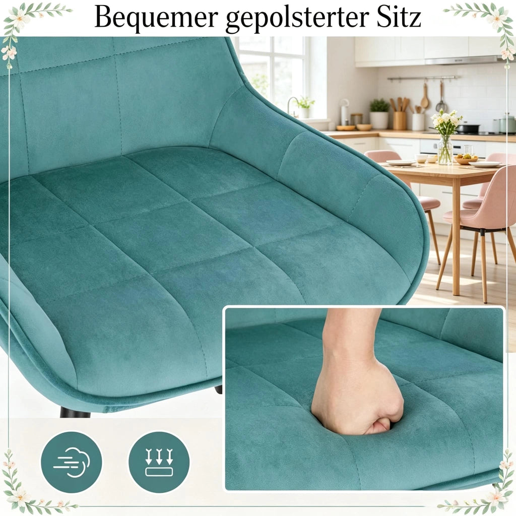 Sedia da Pranzo Set da 4 con Schienale Ergonomico e Piedini Regolabili in Metallo e Velluto Turchese