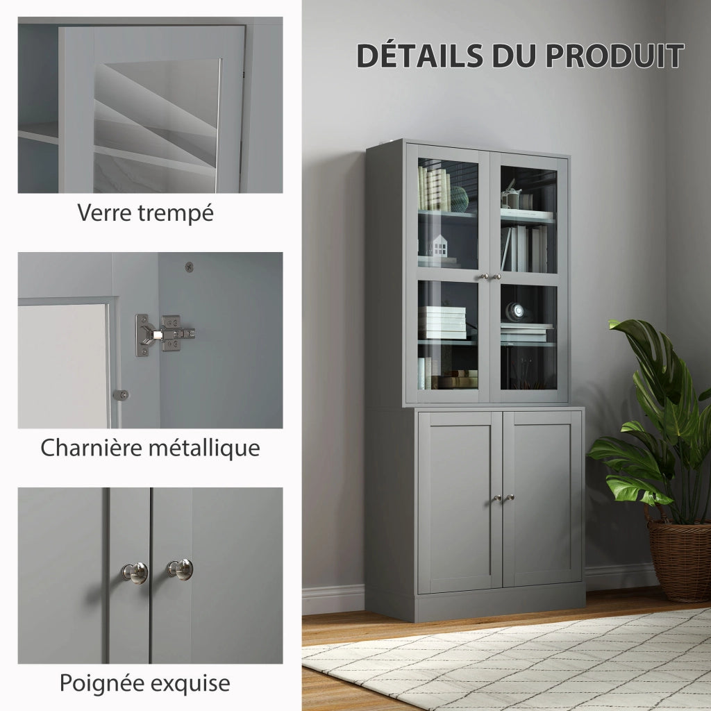 Libreria a 6 livelli con ante in vetro ¨C zephmum ¨C Grigio 80x30x200