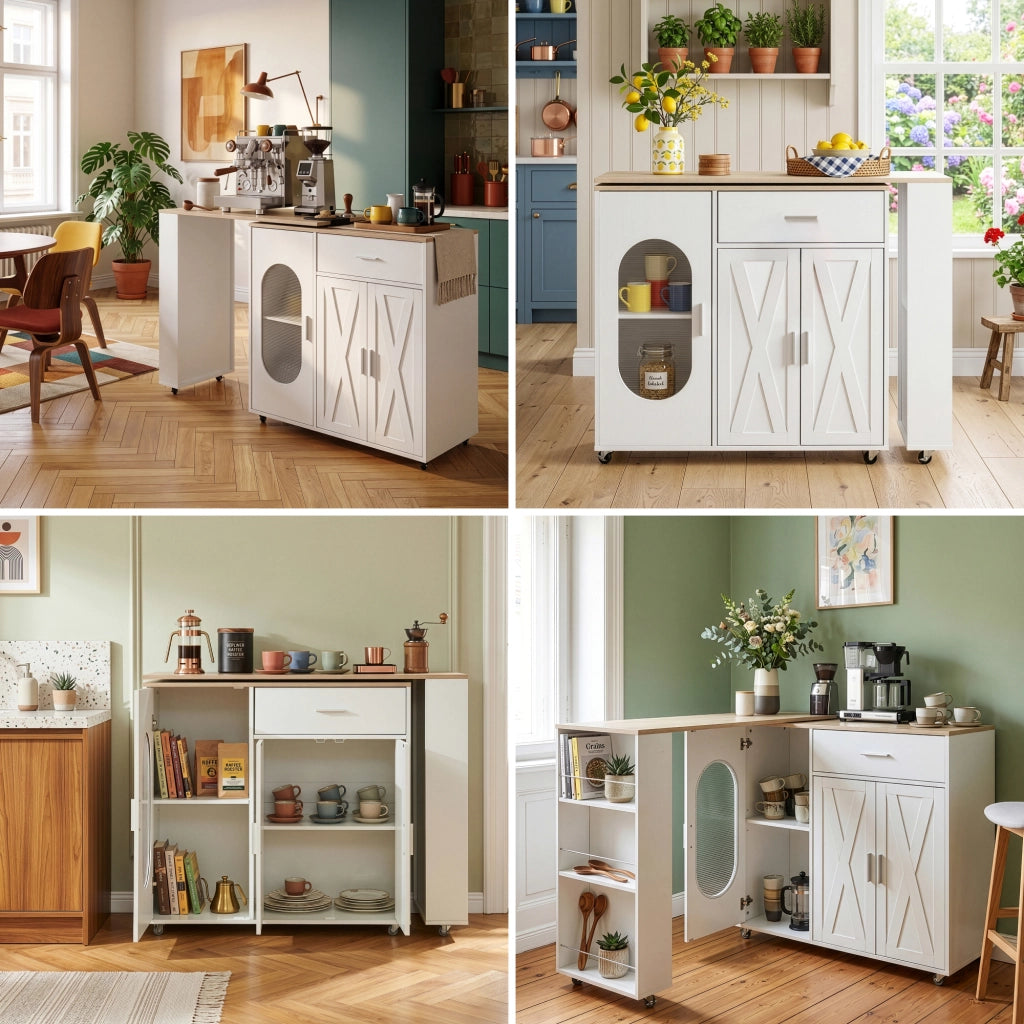 Credenza da Cucina Kudebola con Bancone Estraibile e Girevole 115 x 40 x 94 cm - Effetto Rovere / Bianco [en.casa]