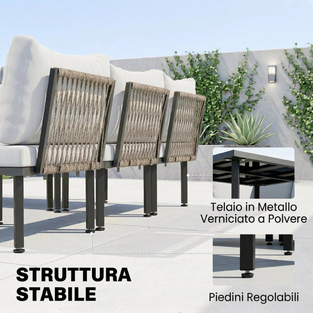 Set Mobili Giardino Metallo 6 Persone. Divano Angolare Cuscini. Grigio Chiaro