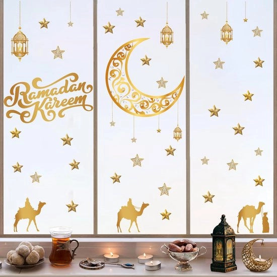 Sticker per finestra per Ramadan, decorazione per finestra con luna e stelle, adesivo per parete per Ramadan, sticker per parete con fiori e stelle dorate, decorazione per finestra per camera da letto, camera dei bambini, casa.