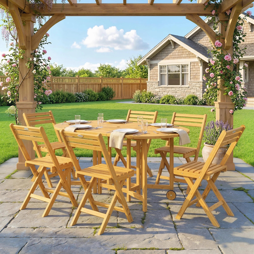 Set 7 Pezzi da Pranzo con Tavolo Estensibile a Ribalta 150x90x74 cm e 6 Sedie Pieghevoli in Legno Naturale
