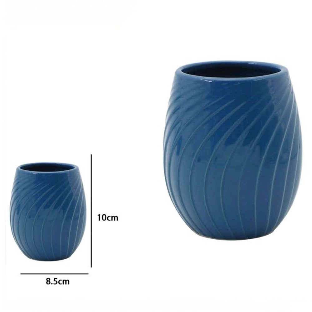Trade Shop - Bicchiere Porta Spazzolini In Ceramica Rigata Blu Accessori Arredo Bagno 79955 -