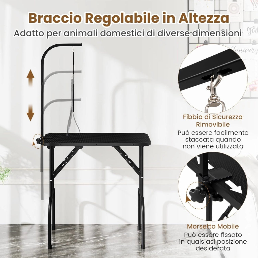 Tavolo Toelettatura e Tosatura per Animali, Accessori Pieghevole per Toilette per Cani con Bracci Regolabili in Altezza,Cappio e Piano Antiscivolo, Portata 100 kg (80,5 x 46 x 146 cm)