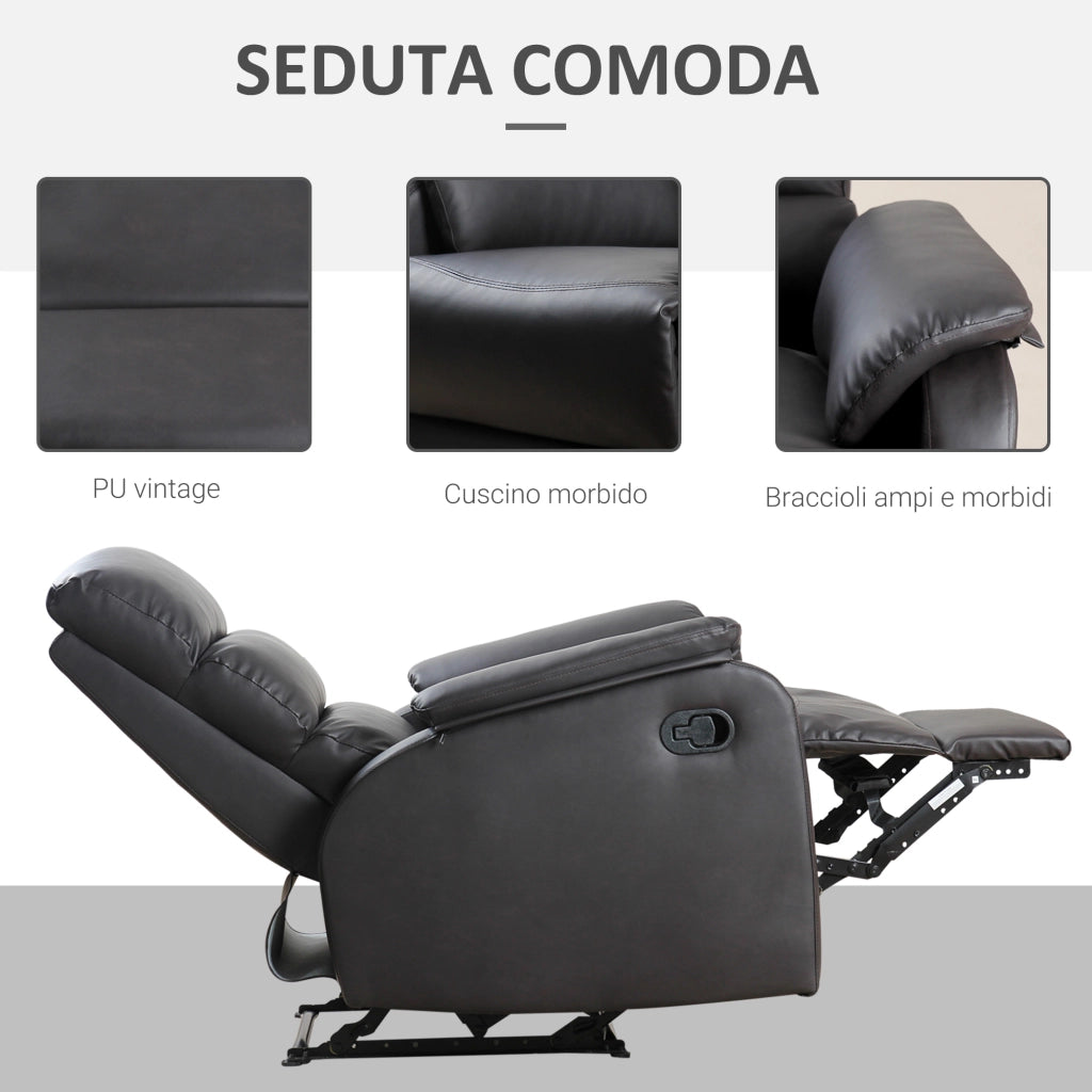 EasyComfort Poltrona Relax per Interni, Reclinabile Manualmente con Cuscino Imbottito, in Pelle PU e Acciaio, 75x92x99 cm, Marrone