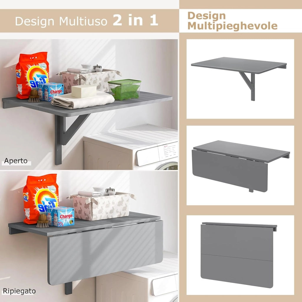 Tavolo Pieghevole a Muro, Tavolino Porta PC da Parete in Legno, Tavolo a Scomparsa Multifunzionale, Ideale per Soggiorno, Cucina e Studio, 80 x 60 x 45 cm (Grigio)