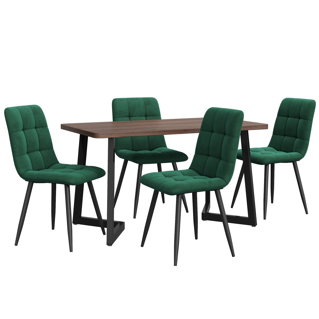 Tavolo da pranzo con 4 sedie in MDF effetto noce e velluto, gambe in metallo nero, per cucina e sala da pranzo