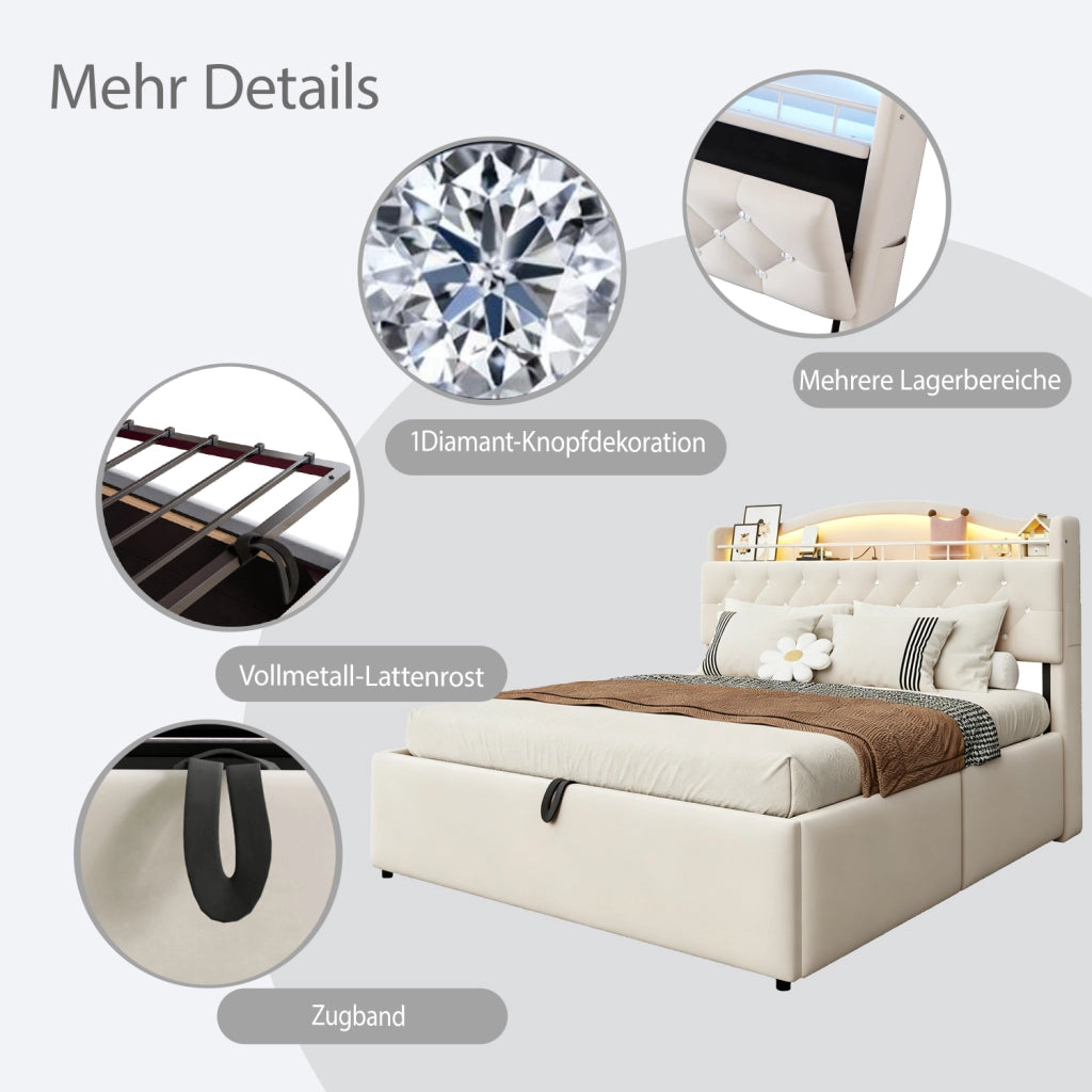 Letto contenitore 140 × 200 cm con sollevamento idraulico, USB e USB-C, vano testiera, senza materasso, beige