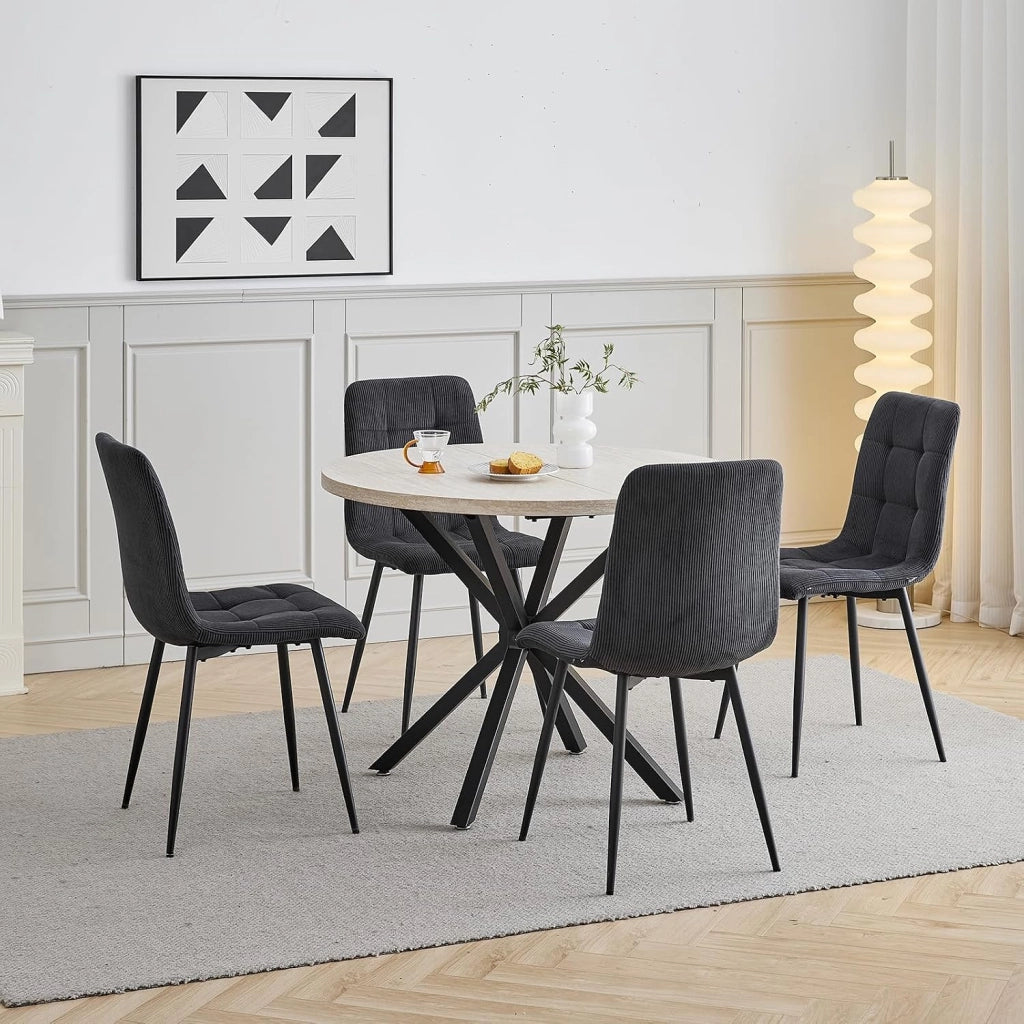 GrandCA HOME Set Tavolo e Sedie da Pranzo, 4 Sedie da Pranzo in Velluto a Coste Nero e un Tavolo da Pranzo Rotondo Moderno da 100 cm, adatti per Cucina e Soggiorno (Pietra di Grotta Gialla)