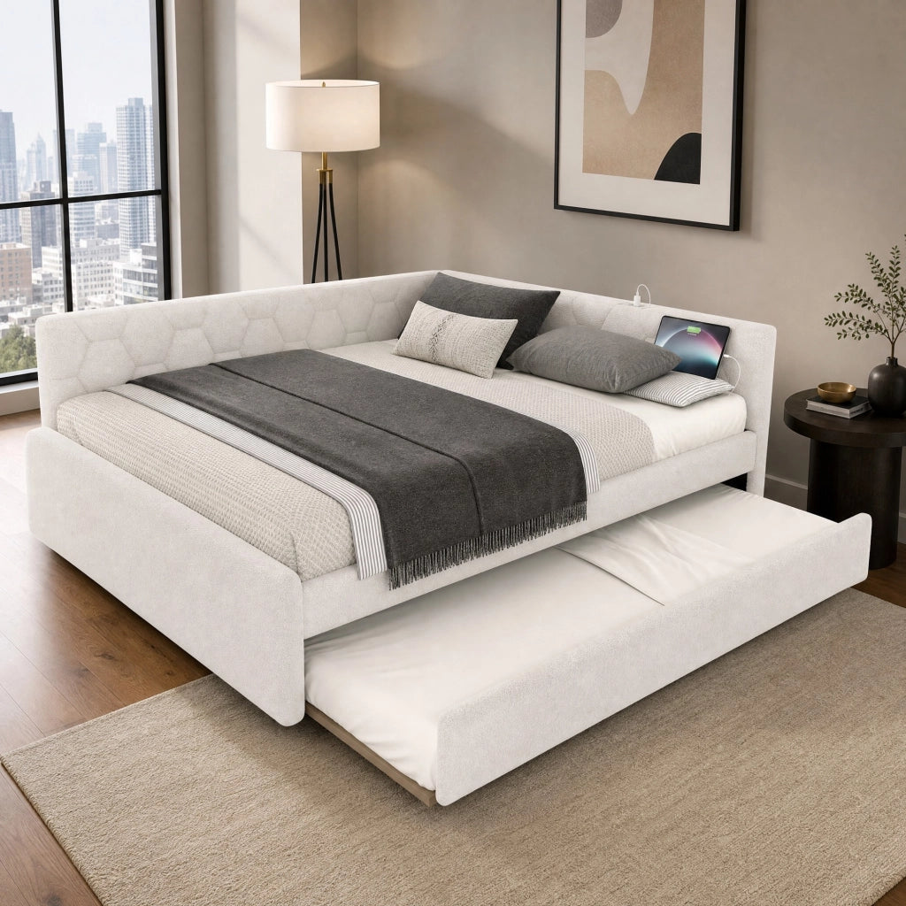 LETTO Daybed 140x200 cm bianco con letto estraibile, USB e Type-C