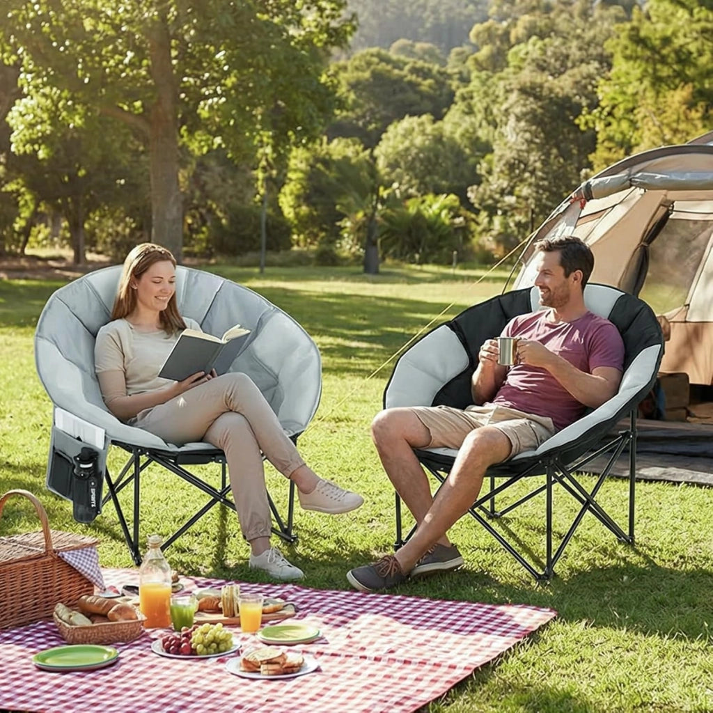 Sedia Pieghevole da Campeggio 150KG, Sedia da Campo Portatile, Moonchair XXL, con rete traspirante, Tasca Laterale, borsa per il trasporto, per Giardino, Spiaggia, Trekking, Pesca, Grigio