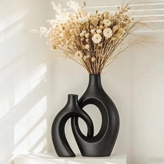 Set di 2 vasi ceramici rotondi in nero - Vasi per fiori moderni per decorazione interna