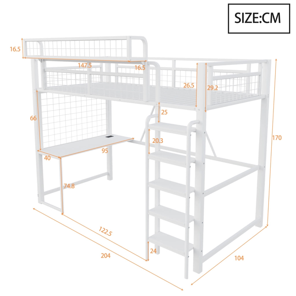 Letto a soppalco in metallo 90 x 200 cm con scrivania; LED; presa e scala; bianco