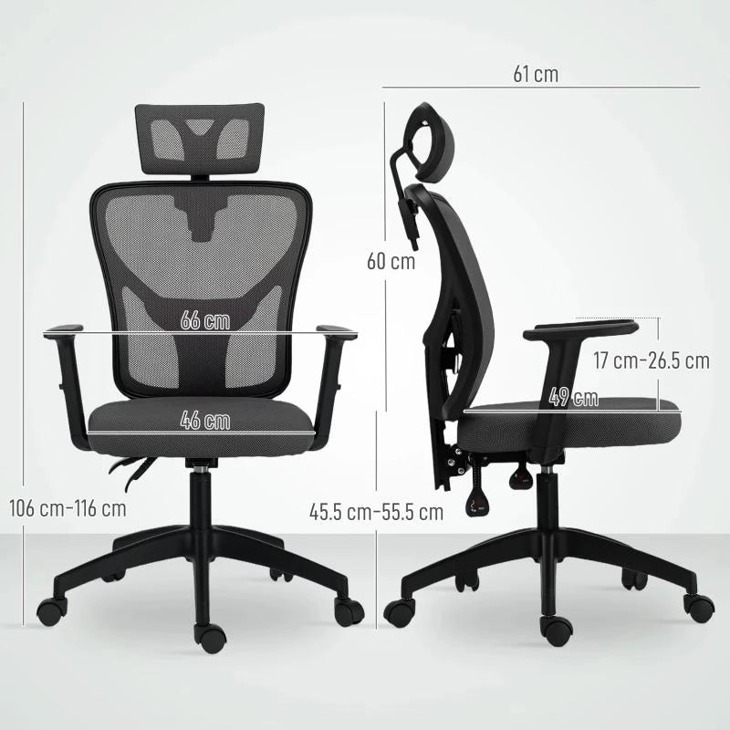 SEDIA DA UFFICIO ERGONOMICA E REGOLABILE CON SUPPORTO LOMBARE E POGGIATESTA, 66X61X106-116 CM, GRIGIO