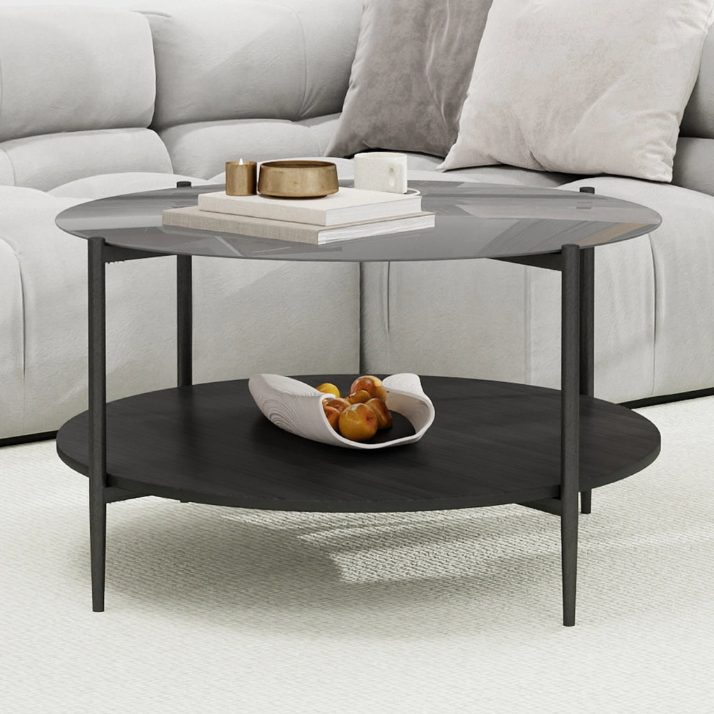 Tavolino da caffè rotondo a 2 ripiani in vetro fumé nero; legno e ferro; ? 82 x 45 cm