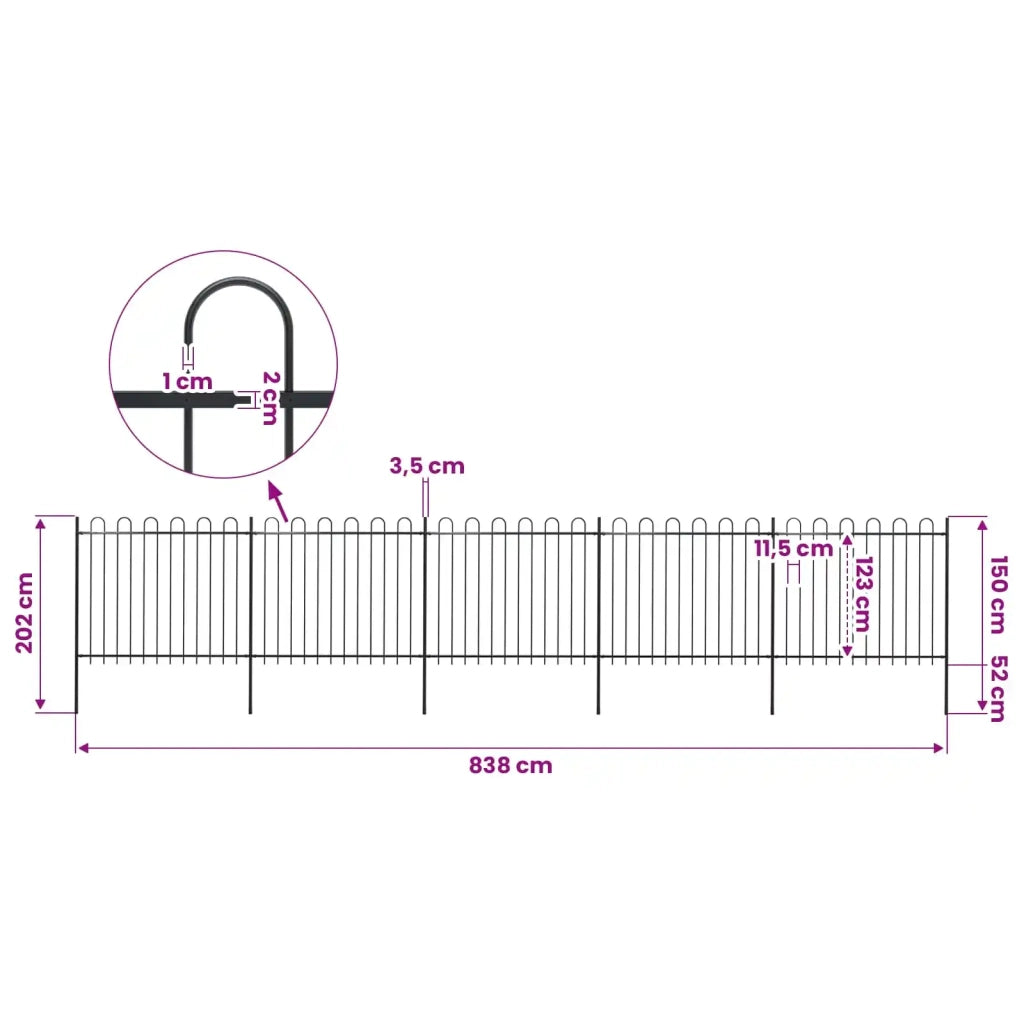 Recinzione da Giardino con Parte Superiore ad Anello in Acciaio 838x150 cm Nero 277678