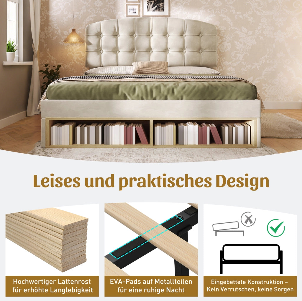 Letto imbottito beige con testiera regolabile, contenitore e cassetti