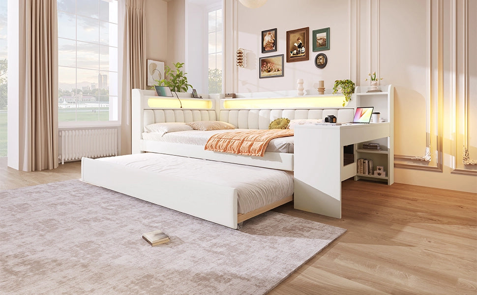 Daybed imbottito con USB, LED, letto estraibile e scrivania, 140x200 cm, bianco