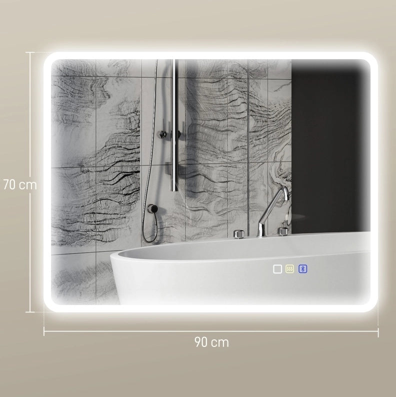 Specchio da bagno LED 70x90 cm con Bluetooth, touch dimmer, 3 tonalità luce, antiappannamento, argento