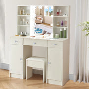 Toeletta con specchio e sgabello, scrivania con 3 cassetti e 4 ripiani, scrivania per trucco con luci LED regolabili, tavolo da trucco per camera da letto, 100 x 40 x 140 cm, bianco, HZ661223