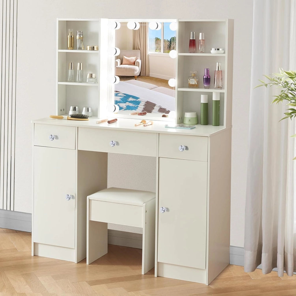 Toeletta con specchio e sgabello, scrivania con 3 cassetti e 4 ripiani, scrivania per trucco con luci LED regolabili, tavolo da trucco per camera da letto, 100 x 40 x 140 cm, bianco, HZ661223