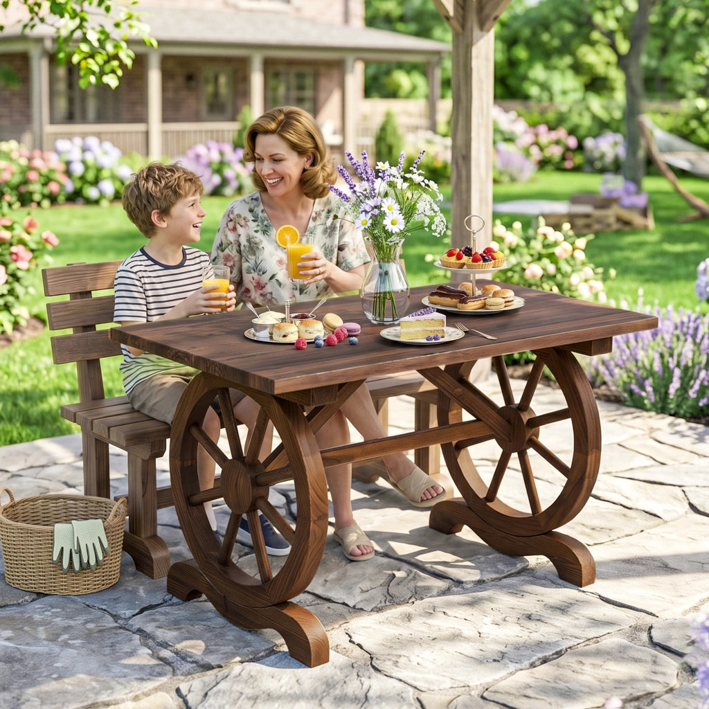 Tavolo da Giardino Stile Country con Gambe a Ruota, in Legno di Abete Resistente alle Intemperie, 110x60x65 cm