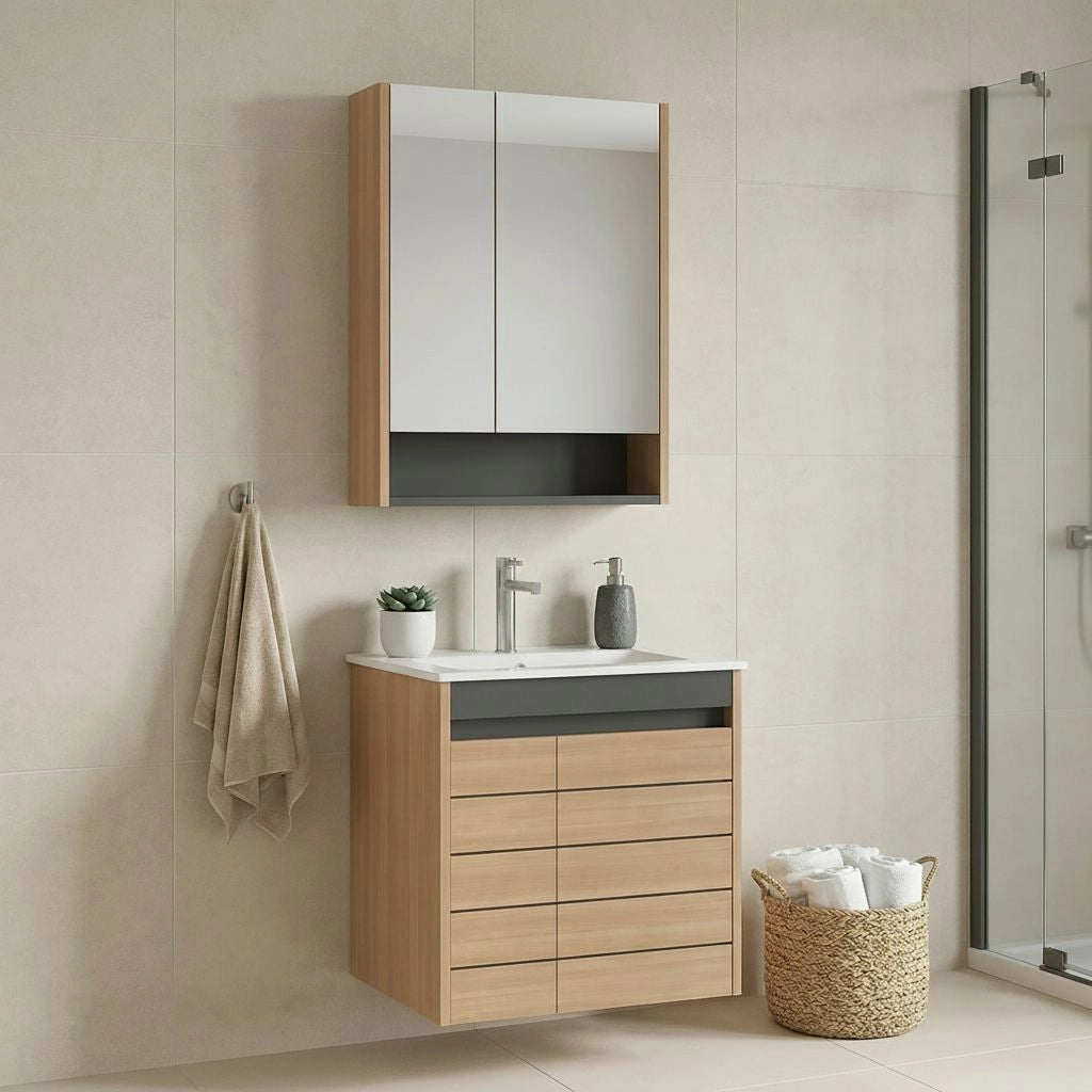 Set mobile lavabo con specchio (2 pezzi) "Ricato 60" - 61 x 47 x 62 cm - Rovere