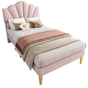 Letto imbottito 90x200 cm; testiera a conchiglia regolabile; velluto rosa (Senza materasso)