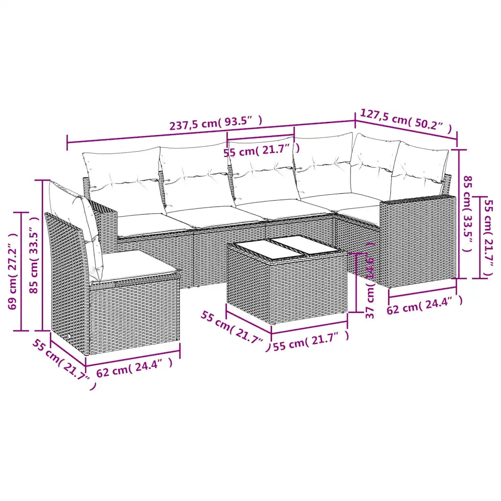 Set Divano da Giardino 7pz con Cuscini Marrone in Polyrattan 3219033