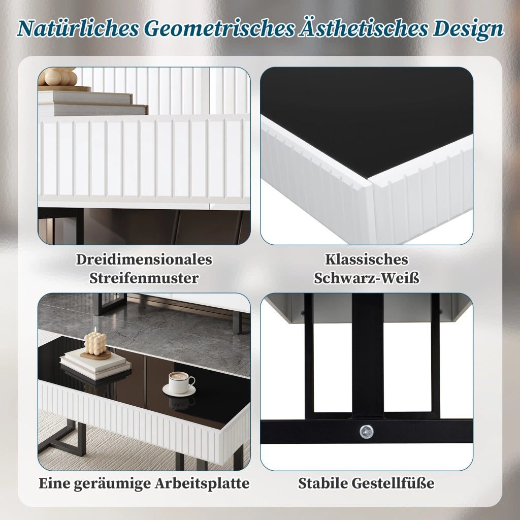 OKWISH Set di 2 Mobili da Soggiorno, Mobile TV e Tavolino con Vani Contenitori, MDF e Truciolato Nero e Bianco
