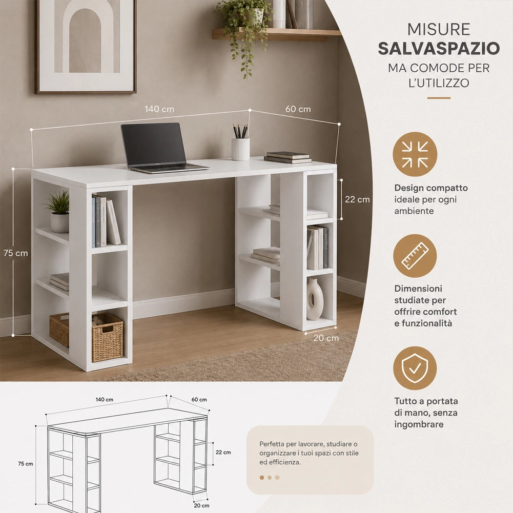 Scrivania Tavolo 6 Scomparti Laterali Legno Bianco 60 x 140 x 75Hcm Ufficio Casa