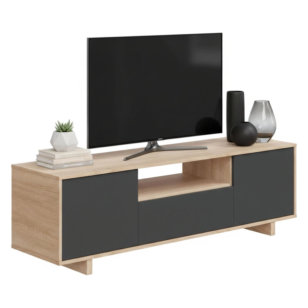 Mobile porta TV Andalusia, Credenza per televisione da soggiorno, Supporto TV a 3 ante, Credenza bassa da salotto, cm 150x41h46, Rovere