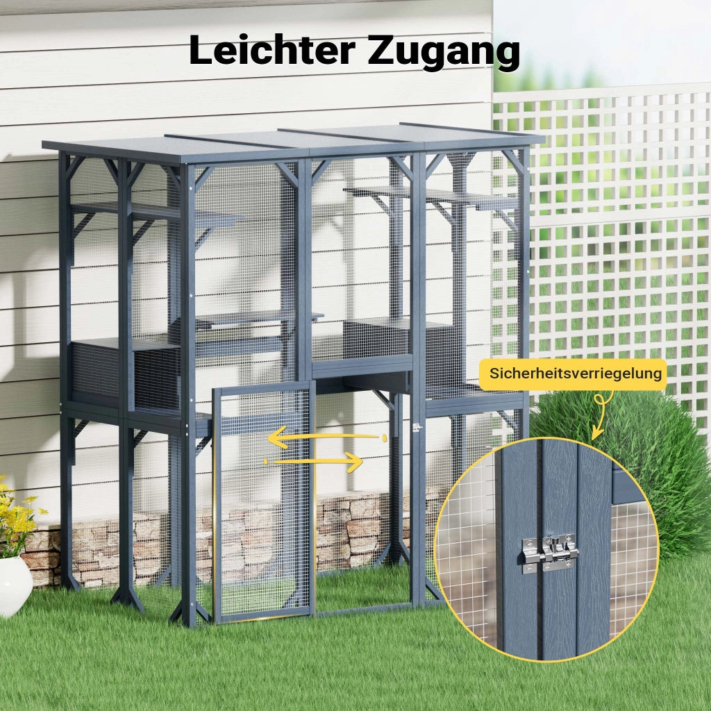 Recinto per gatti da esterno 1705 x 925 x 1810 mm, recinzione antifuga in legno con tetto in asfalto, diversi livelli, per giardino, balcone, terrazzo