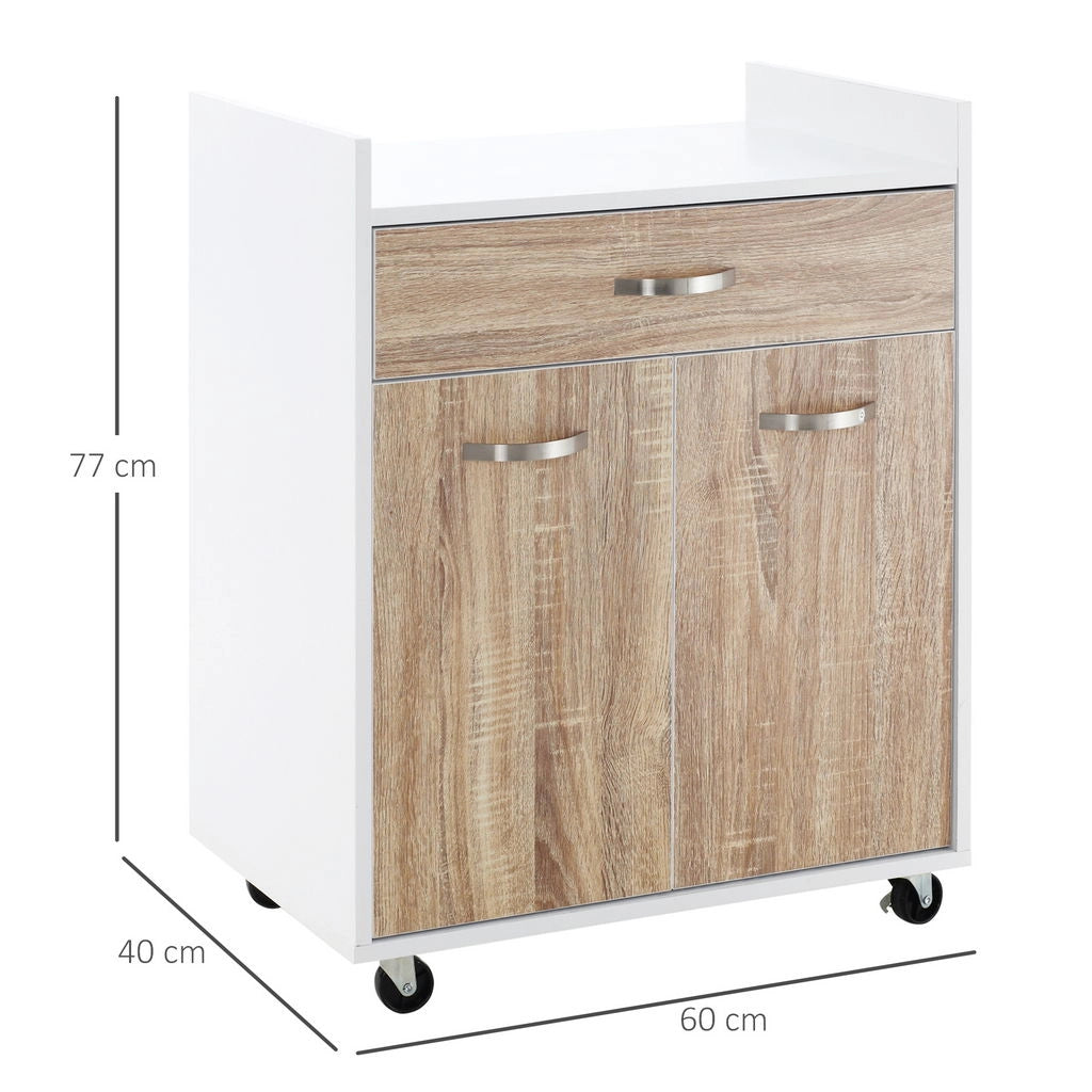 CARRELLO DA CUCINA CON CASSETTO IN LEGNO 60X40X77CM BIANCO E ROVERE